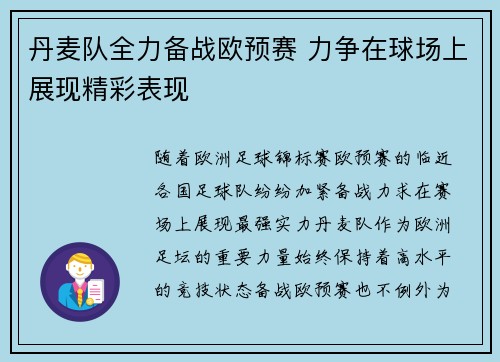 丹麦队全力备战欧预赛 力争在球场上展现精彩表现