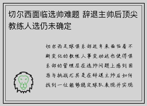 切尔西面临选帅难题 辞退主帅后顶尖教练人选仍未确定