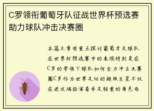 C罗领衔葡萄牙队征战世界杯预选赛 助力球队冲击决赛圈